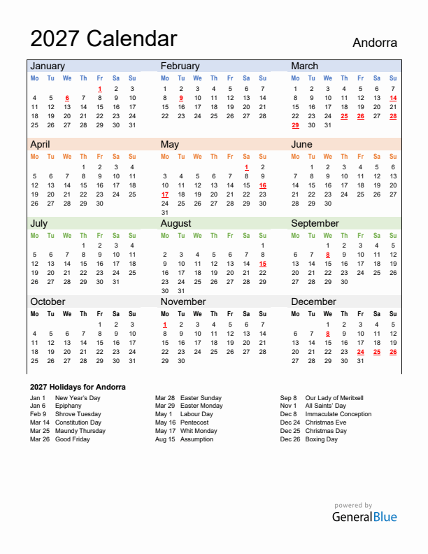 Calendar 2027 with Andorra Holidays