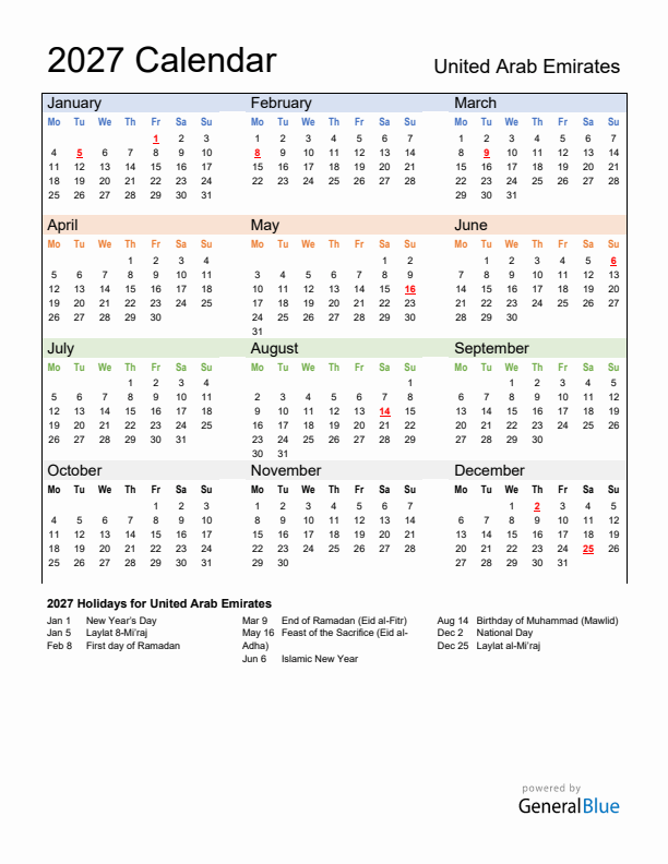 Calendar 2027 with United Arab Emirates Holidays