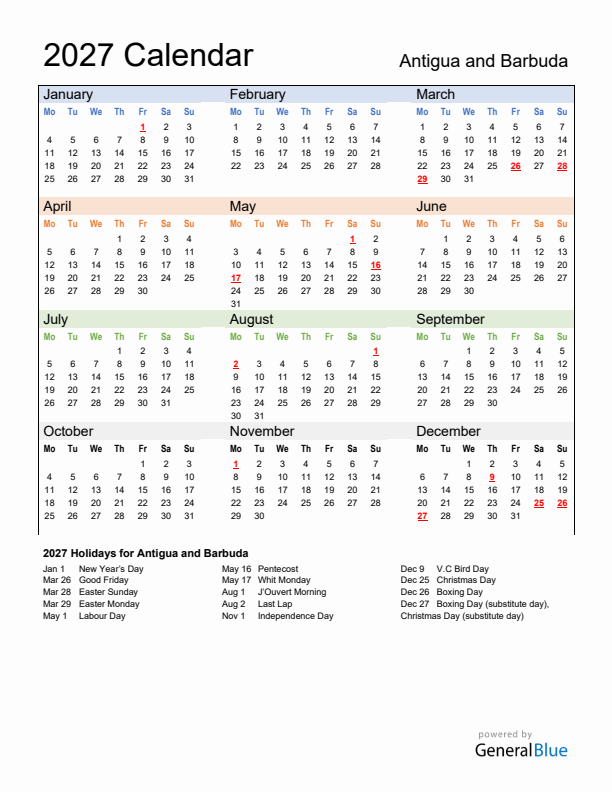 Calendar 2027 with Antigua and Barbuda Holidays