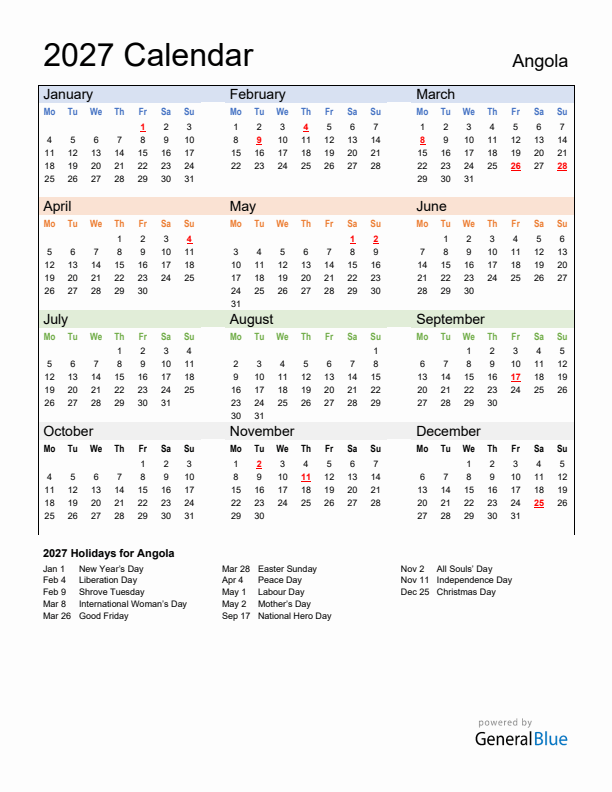 Calendar 2027 with Angola Holidays