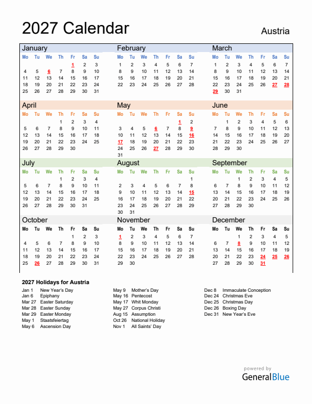 Calendar 2027 with Austria Holidays