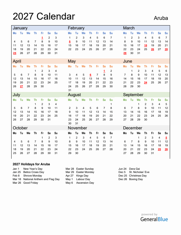 Calendar 2027 with Aruba Holidays