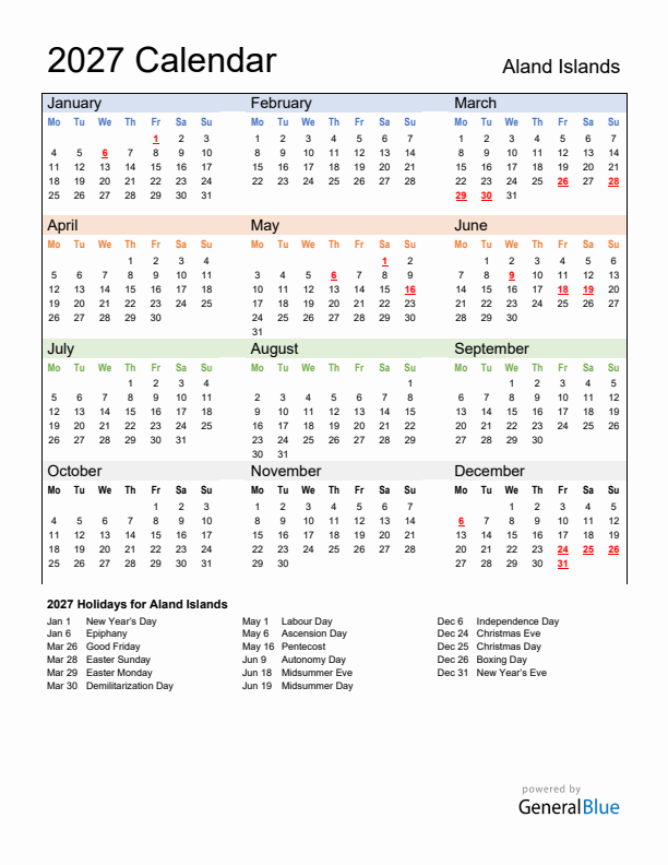 Calendar 2027 with Aland Islands Holidays