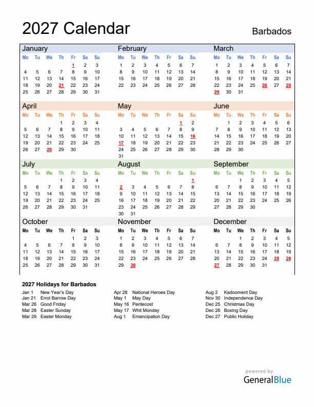 Calendar 2027 with Barbados Holidays