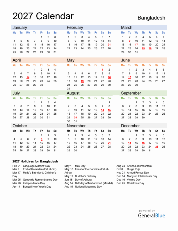 Calendar 2027 with Bangladesh Holidays