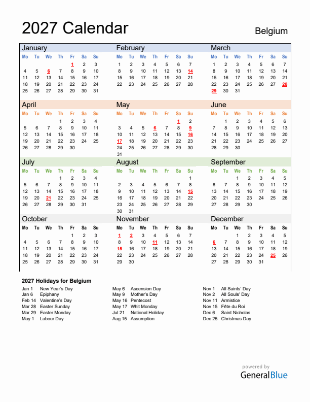 Calendar 2027 with Belgium Holidays
