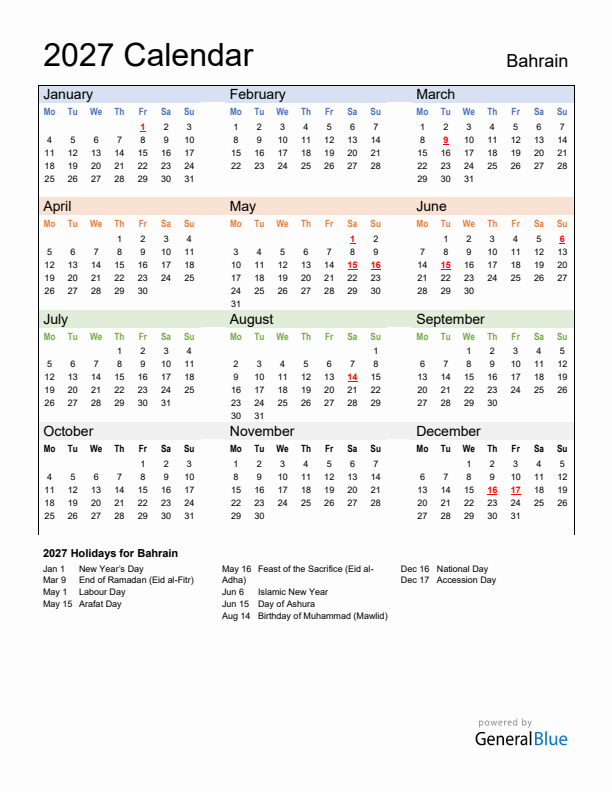Calendar 2027 with Bahrain Holidays