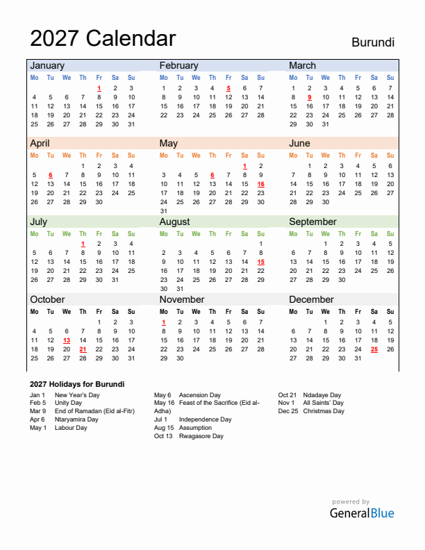 Calendar 2027 with Burundi Holidays