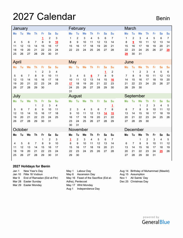Calendar 2027 with Benin Holidays