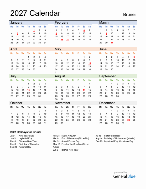 Calendar 2027 with Brunei Holidays