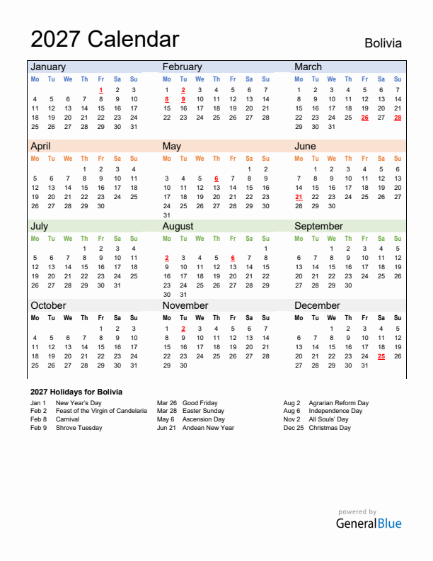 Calendar 2027 with Bolivia Holidays