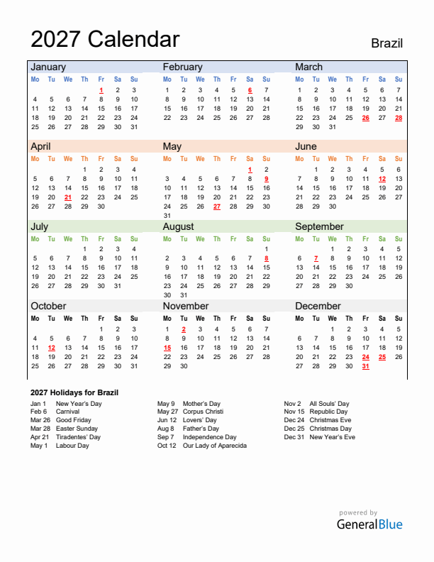 Calendar 2027 with Brazil Holidays