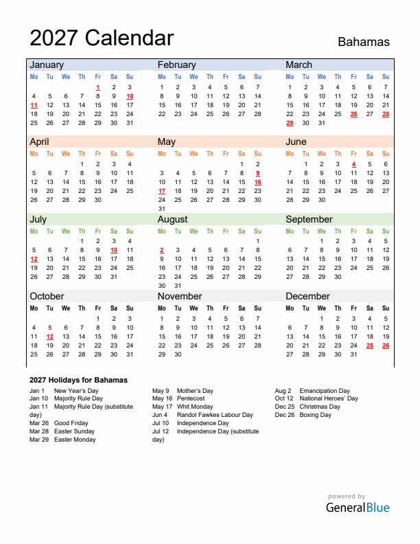 Calendar 2027 with Bahamas Holidays
