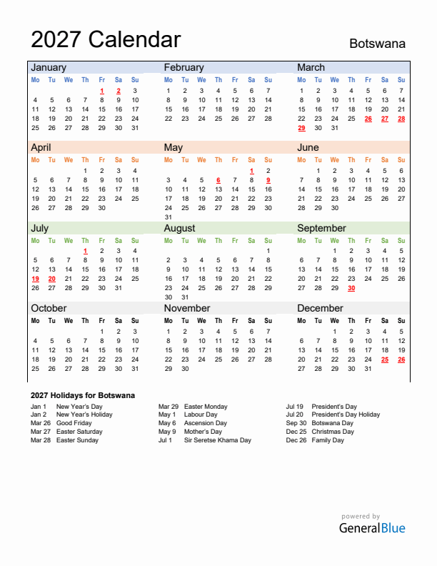 Calendar 2027 with Botswana Holidays