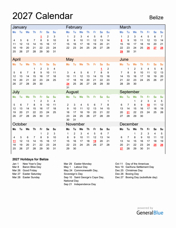 Calendar 2027 with Belize Holidays