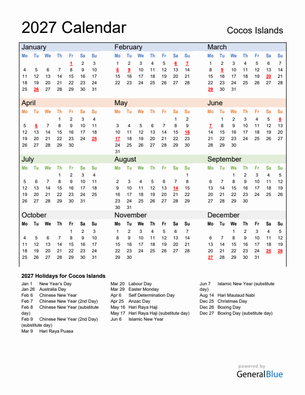 Calendar 2027 with Cocos Islands Holidays