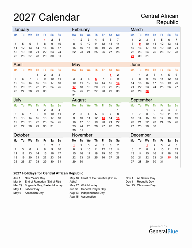 Calendar 2027 with Central African Republic Holidays