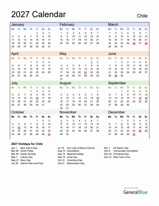 Calendar 2027 with Chile Holidays