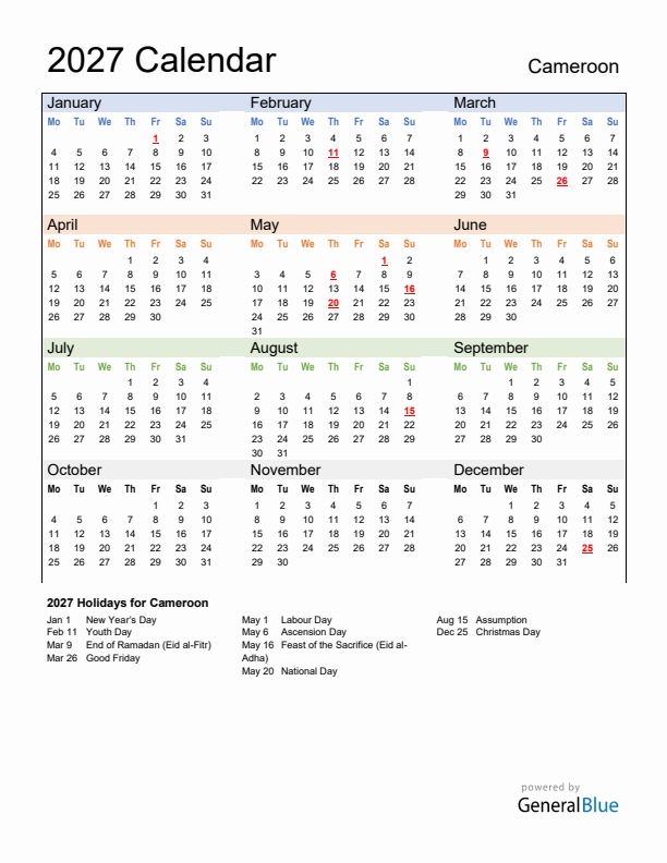 Calendar 2027 with Cameroon Holidays