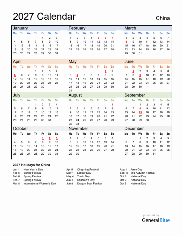 Calendar 2027 with China Holidays