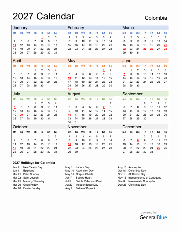Calendar 2027 with Colombia Holidays