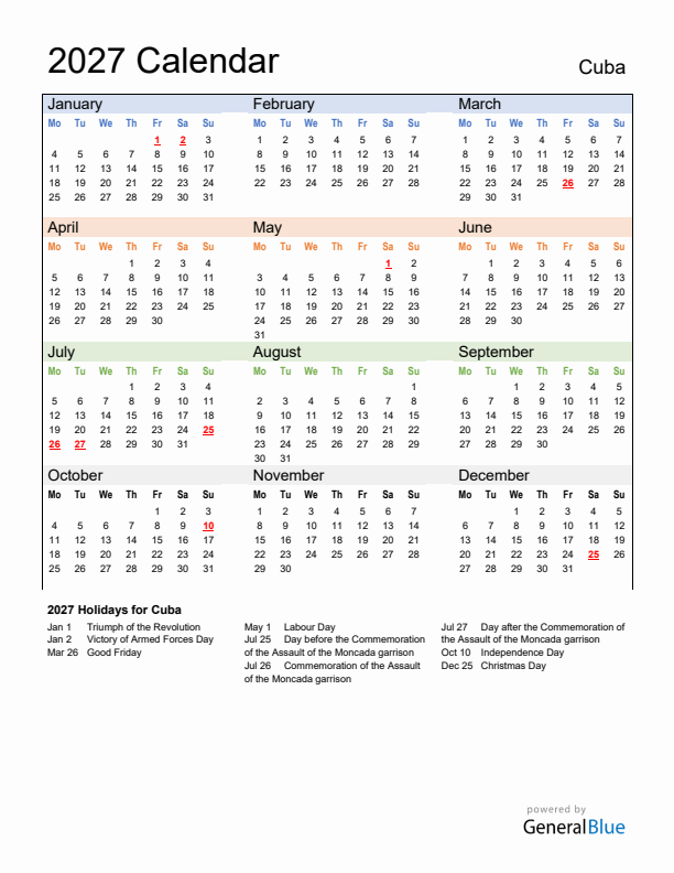 Calendar 2027 with Cuba Holidays
