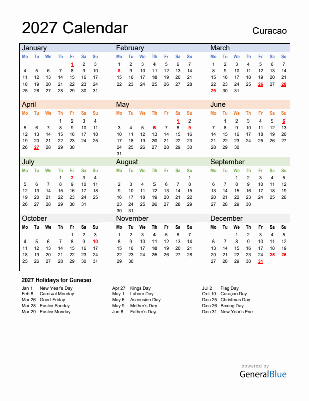 Calendar 2027 with Curacao Holidays