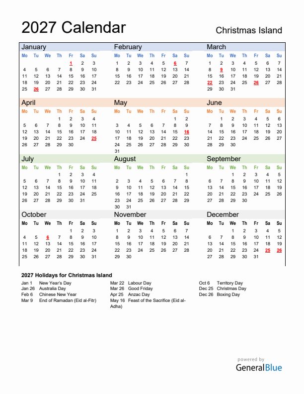 Calendar 2027 with Christmas Island Holidays