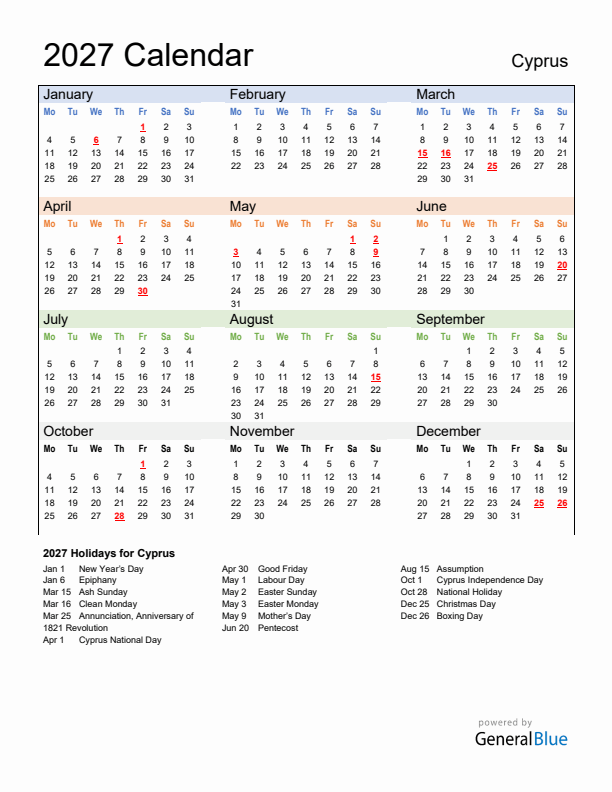 Calendar 2027 with Cyprus Holidays