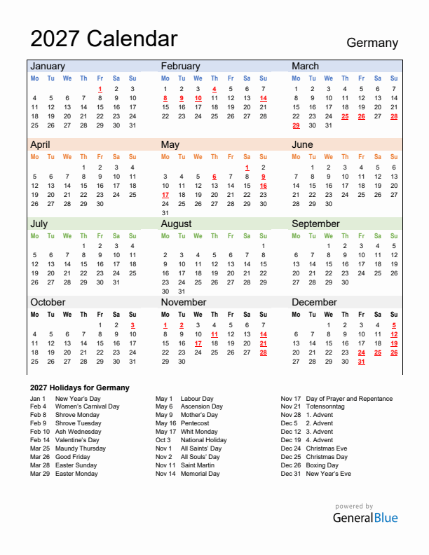 Calendar 2027 with Germany Holidays