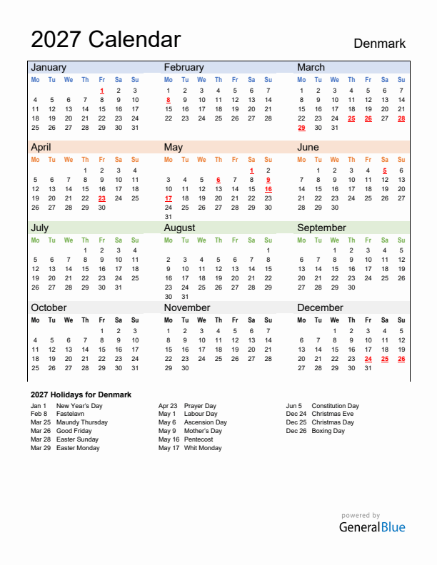 Calendar 2027 with Denmark Holidays