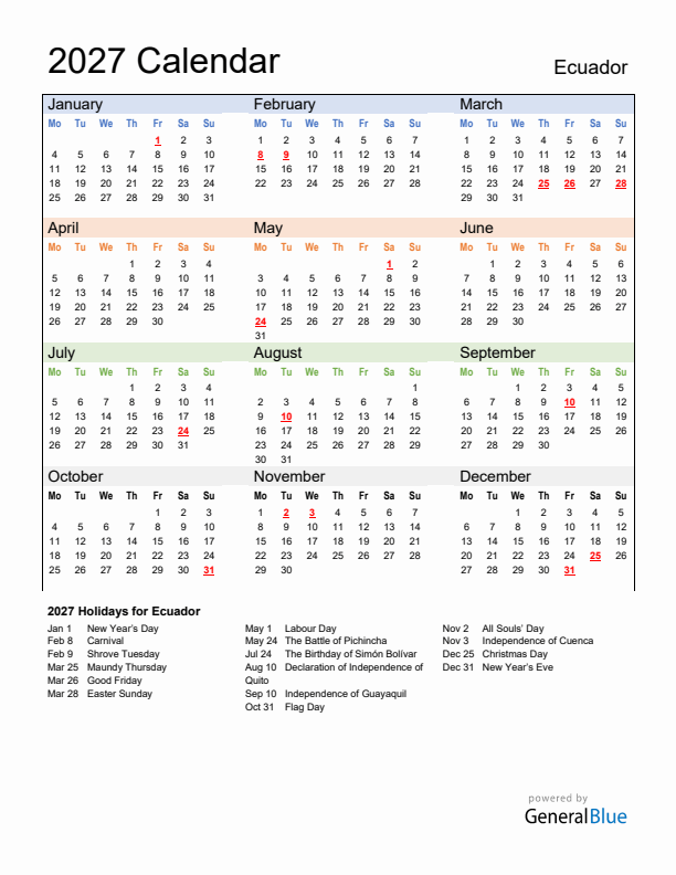 Calendar 2027 with Ecuador Holidays