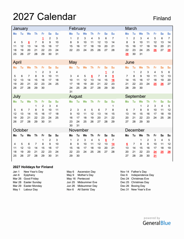Calendar 2027 with Finland Holidays