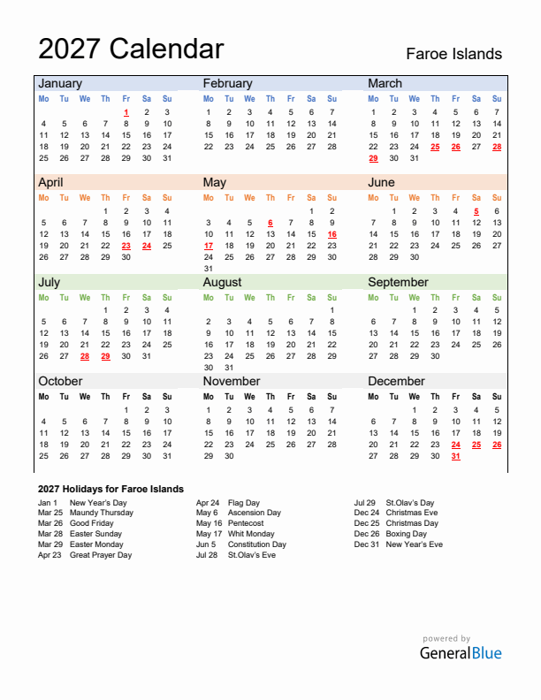 Calendar 2027 with Faroe Islands Holidays
