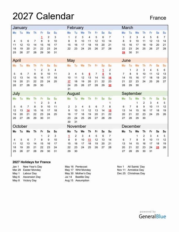 Calendar 2027 with France Holidays
