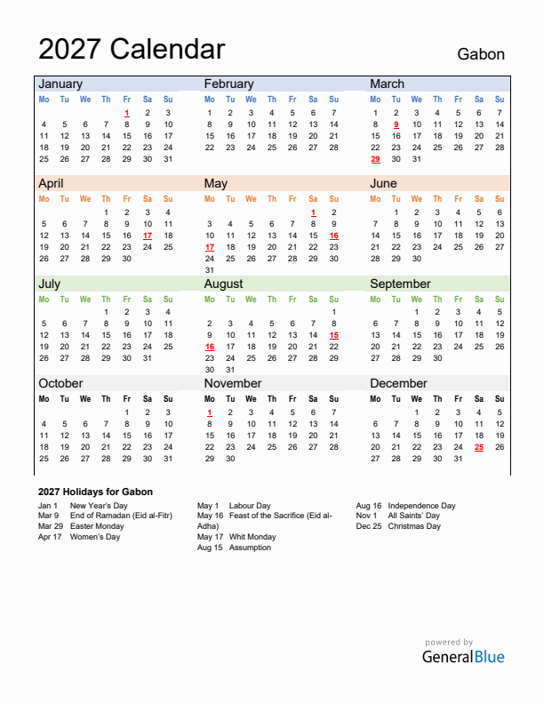 Calendar 2027 with Gabon Holidays