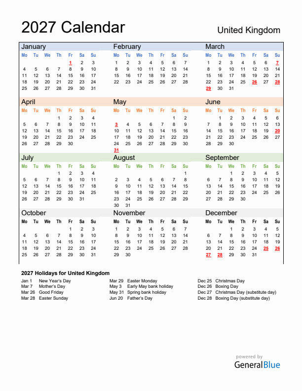 Calendar 2027 with United Kingdom Holidays