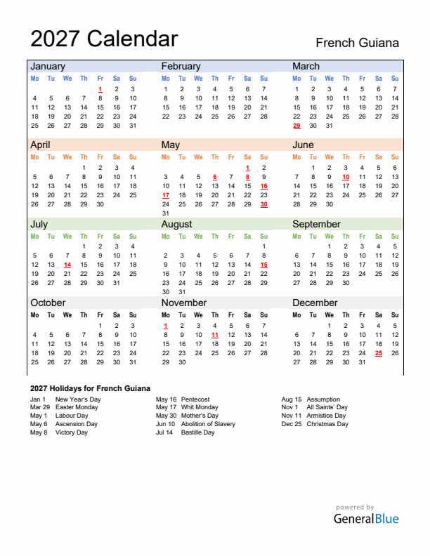 Calendar 2027 with French Guiana Holidays