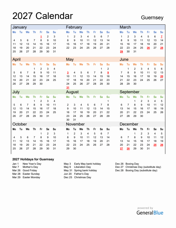 Calendar 2027 with Guernsey Holidays