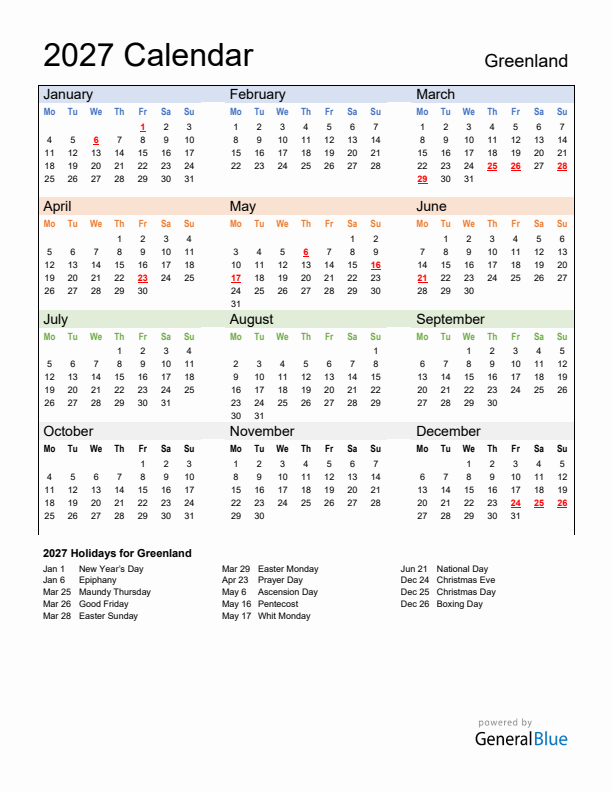 Calendar 2027 with Greenland Holidays
