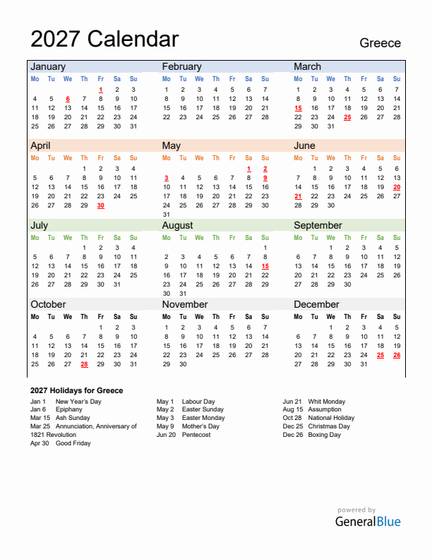 Calendar 2027 with Greece Holidays