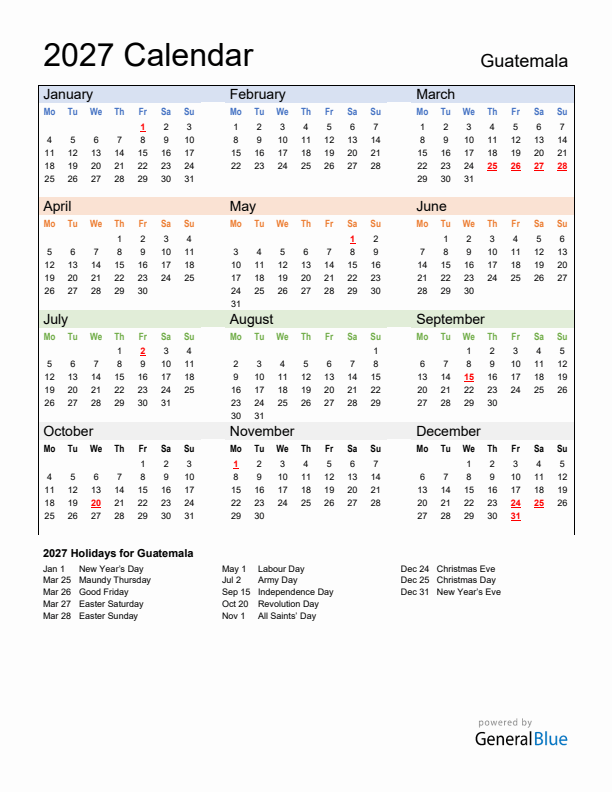 Calendar 2027 with Guatemala Holidays