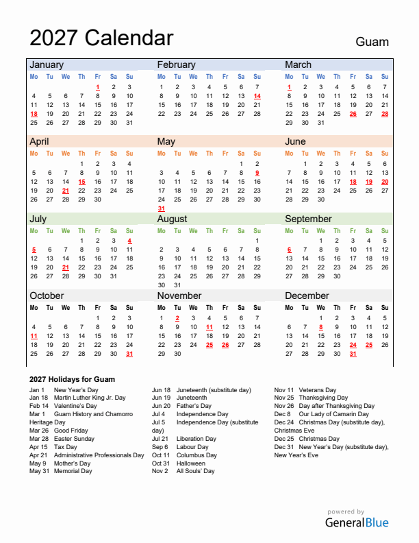Calendar 2027 with Guam Holidays