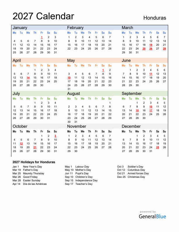 Calendar 2027 with Honduras Holidays