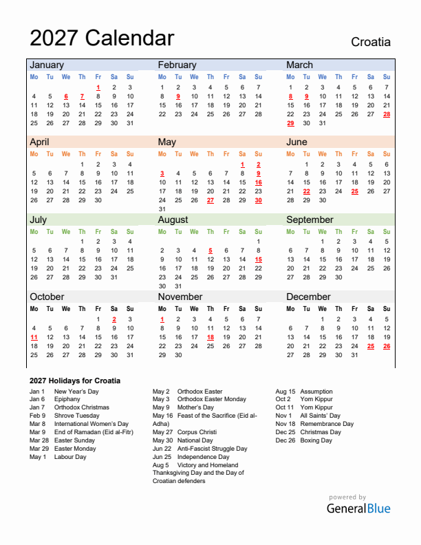 Calendar 2027 with Croatia Holidays