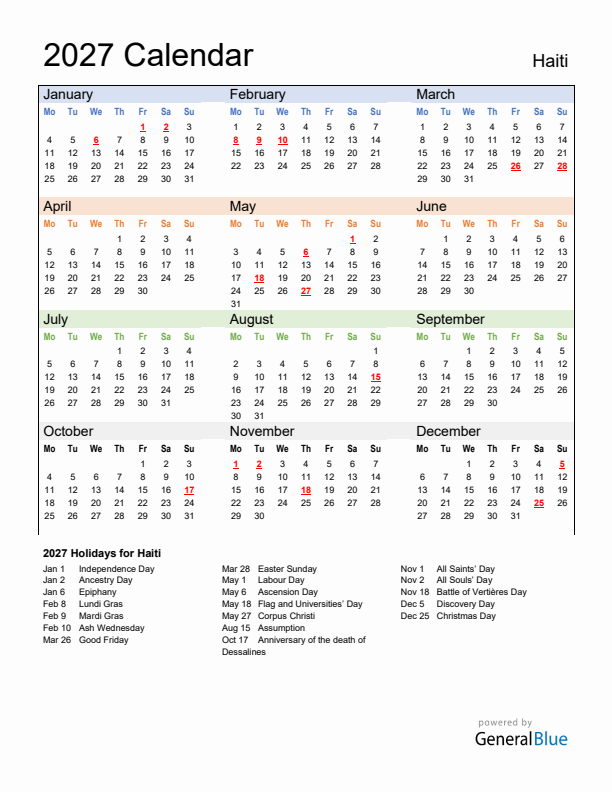 Calendar 2027 with Haiti Holidays