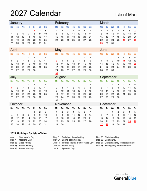 Calendar 2027 with Isle of Man Holidays