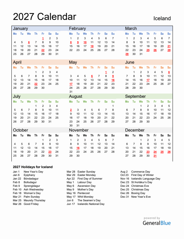 Calendar 2027 with Iceland Holidays
