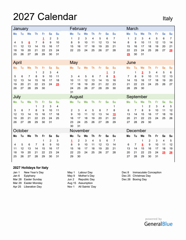 Calendar 2027 with Italy Holidays