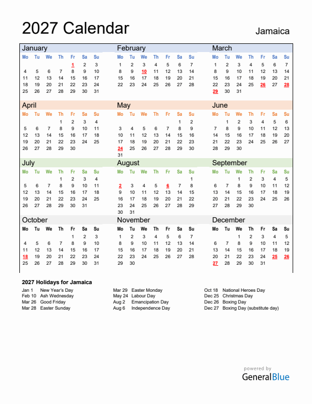 Calendar 2027 with Jamaica Holidays